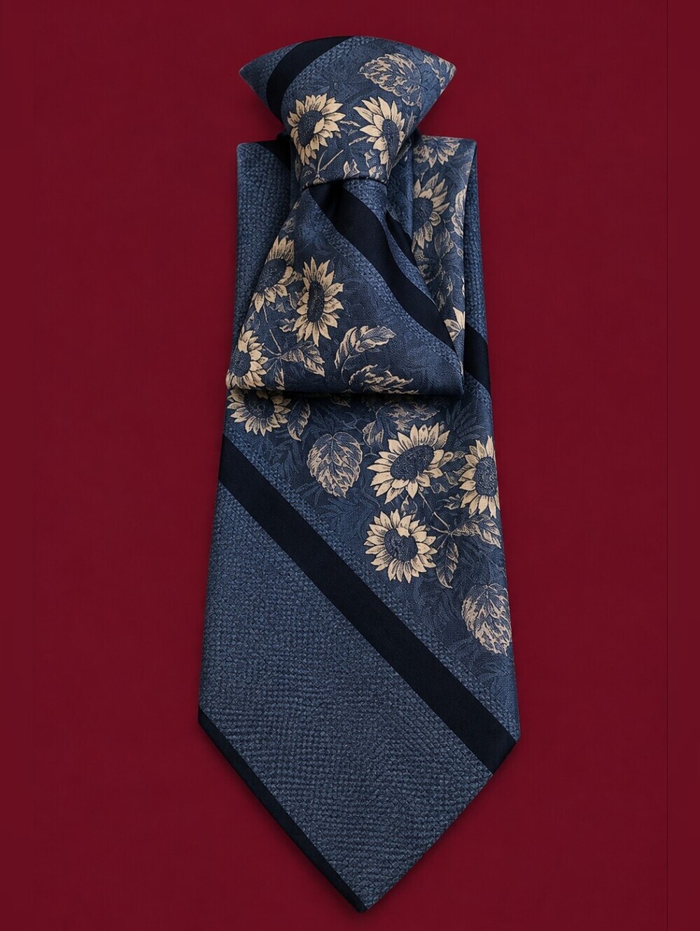 Vtg SEARS MCM Blue Sunflower Floral Striped Wide Clip-on Tie